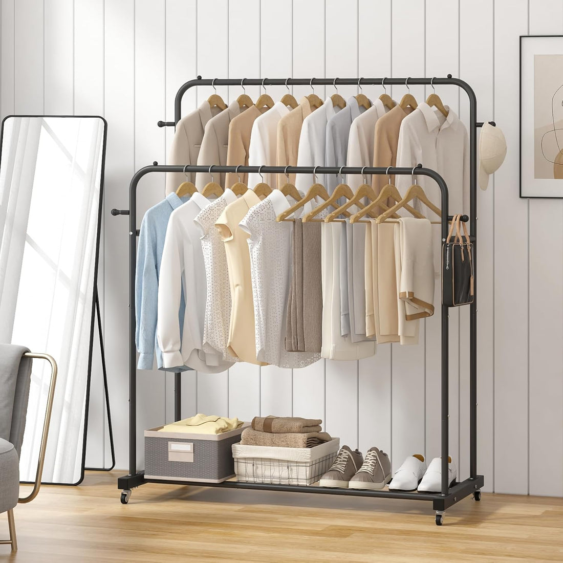 Double Hanging Garment Rack with Wheels – Heavy-Duty Clothing Organizer