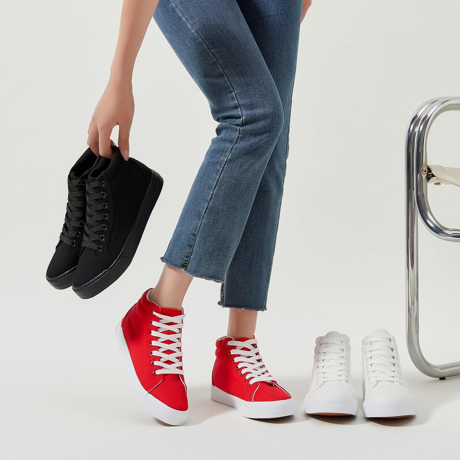 Women’s Black Canvas High Top Sneakers – Lace-Up Non-Slip Casual Shoes