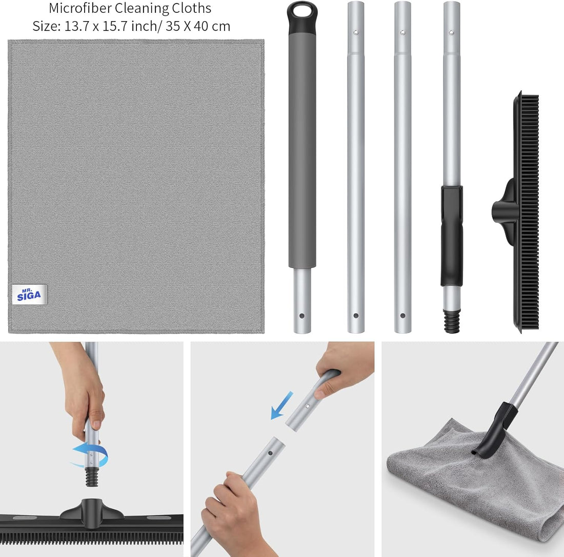 Pet Hair Removal Rubber Broom with Squeegee & Microfiber Cloth