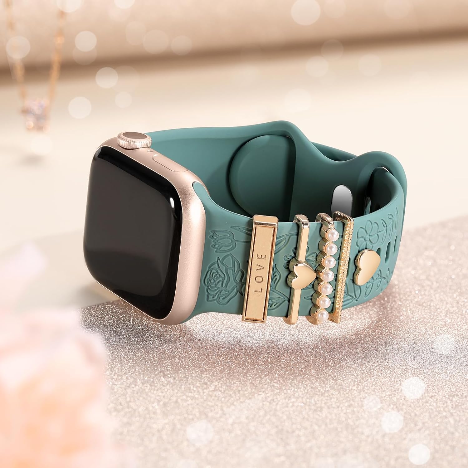 Flower Engraved Silicone Band with Decorative Charms – Compatible