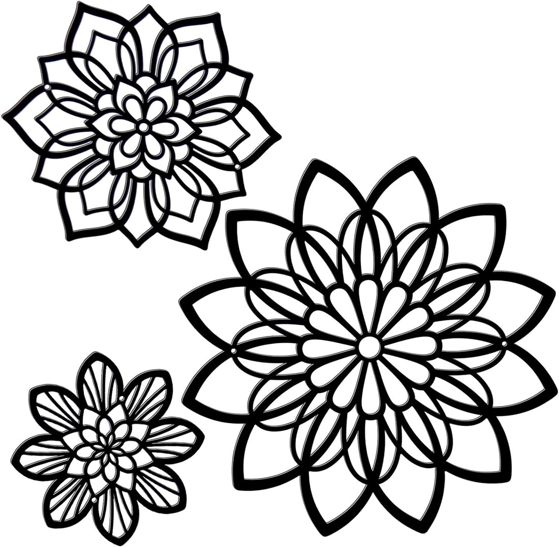 3 Pieces Metal Flowers Wall Decor, Black Wall Decor, Flower Art Wall