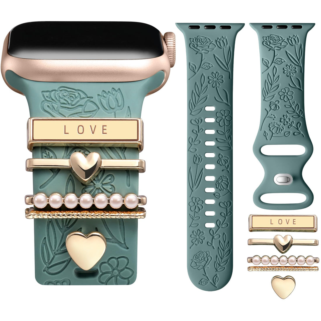 Flower Engraved Silicone Band with Decorative Charms – Compatible