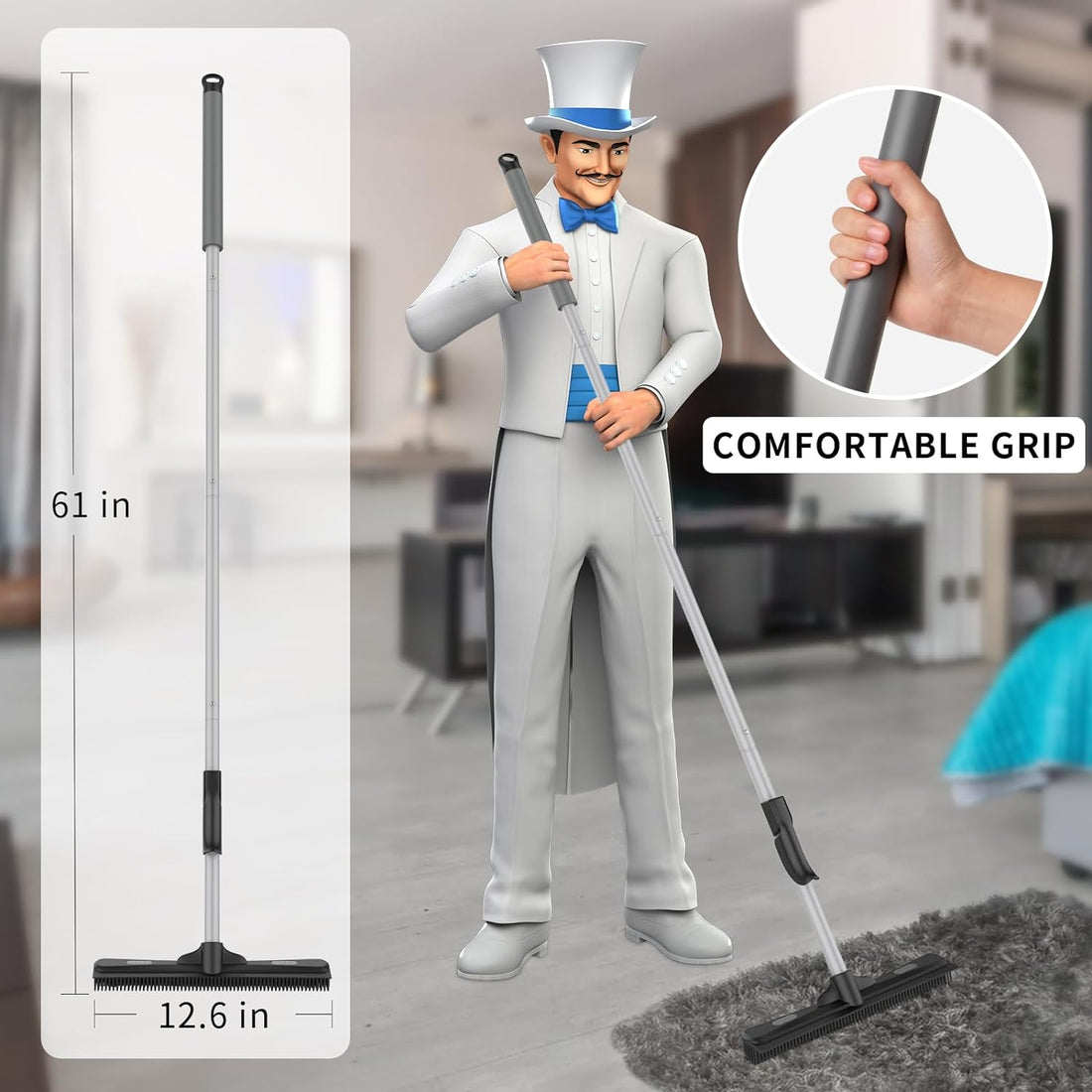 Pet Hair Removal Rubber Broom with Squeegee & Microfiber Cloth