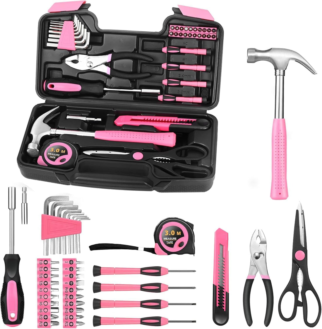 A collection of pink and black tools displayed open with various tools like hammer, screwdrivers, pliers, and a toolbox.