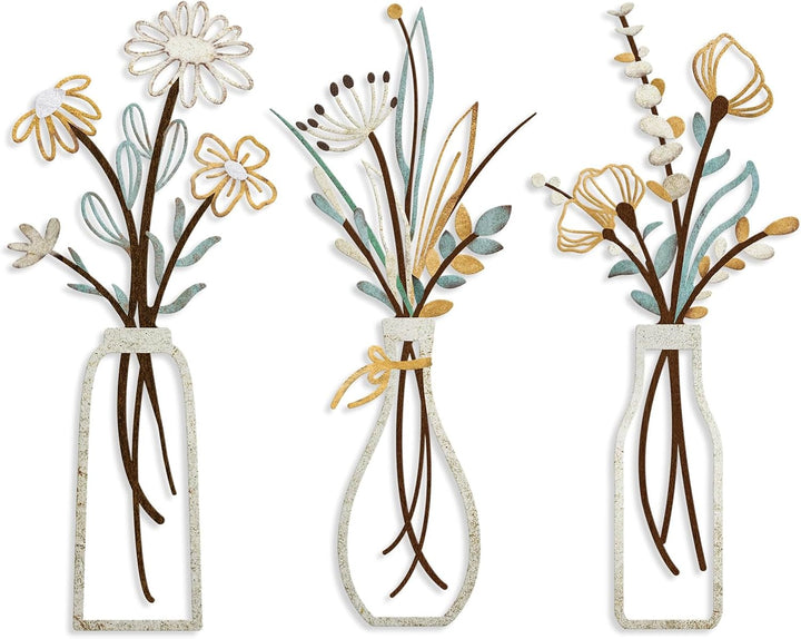 3-Piece Beige Metal Flower Wall Art – Rustic Farmhouse Decor