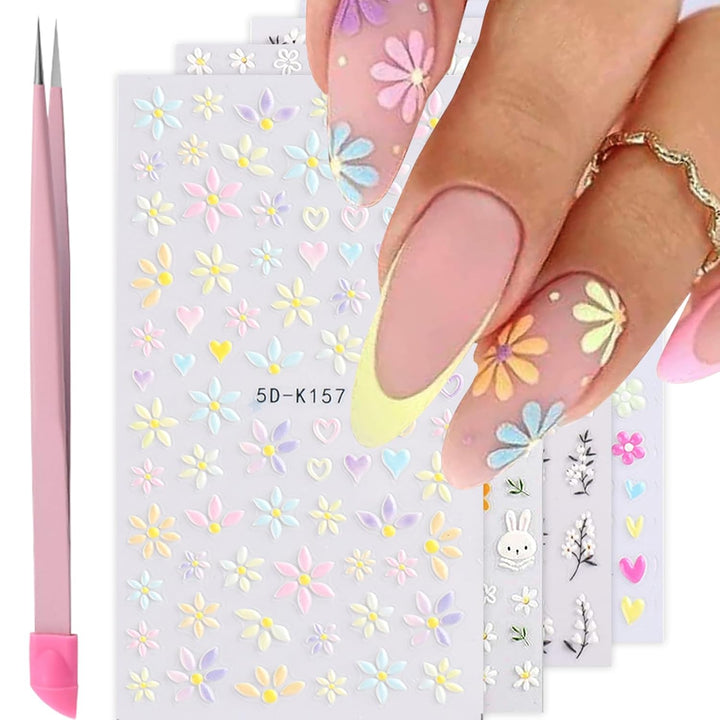 Flower Nail Art Stickers Decals – 5D Embossed Spring & Summer Daisy Nail Design, Self-Adhesive 3D Flower Nail Stickers