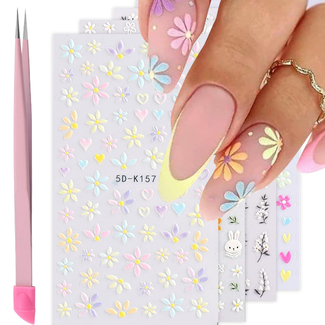Flower Nail Art Stickers Decals – 5D Embossed Spring & Summer Daisy Nail Design, Self-Adhesive 3D Flower Nail Stickers