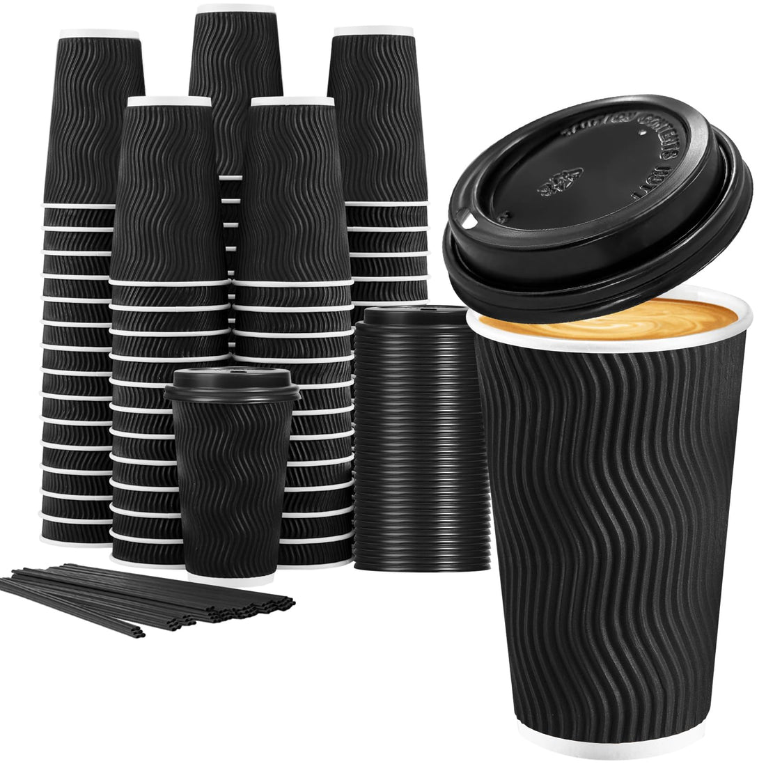 Disposable Coffee Cups with Lids & Straws – 50 Pack Insulated Hot Cups