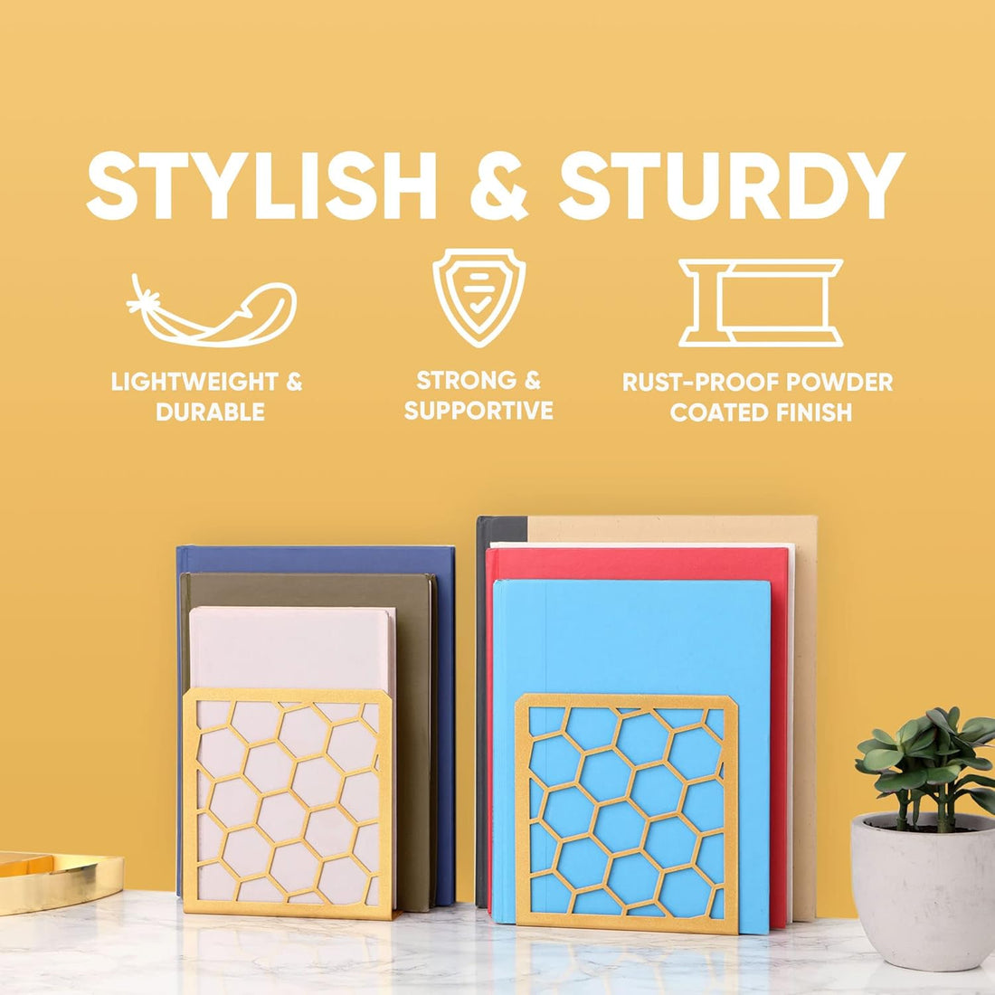 Gold Honeycomb Metal Bookends – Modern Heavy-Duty Shelf Stoppers