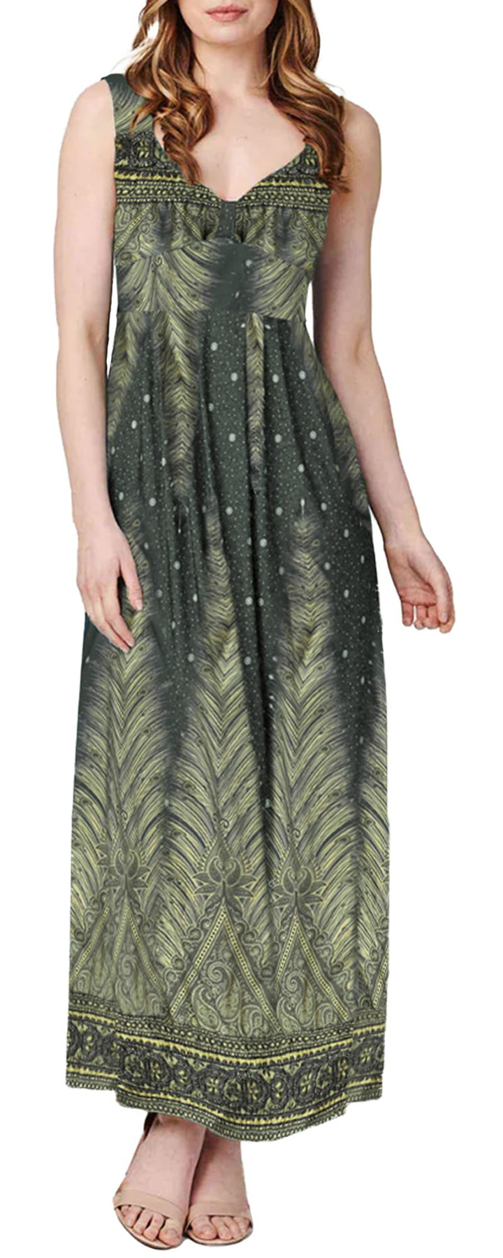 Women’s Boho Spaghetti Strap V Neck Feather Print Maxi Dress
