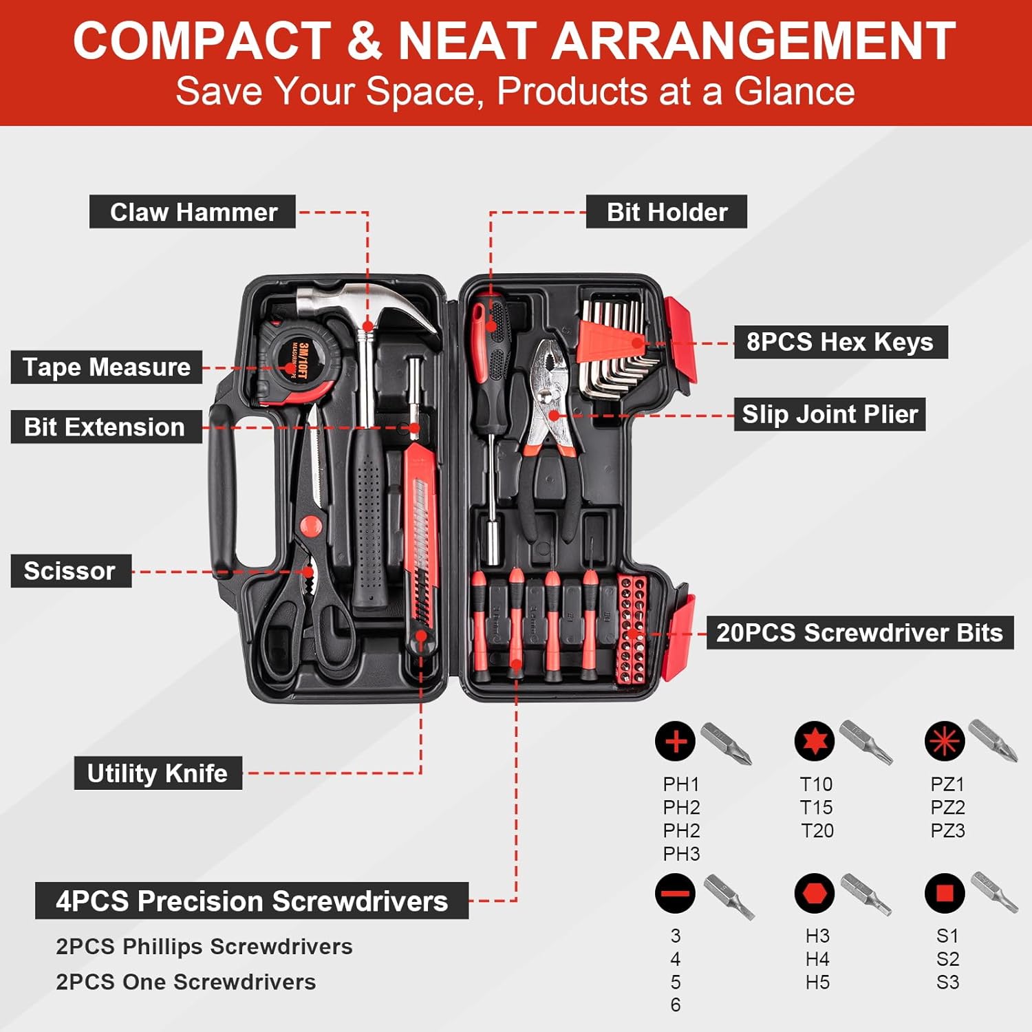 39-Piece Home Tool Set – Compact Portable Repair Kit for Apartments
