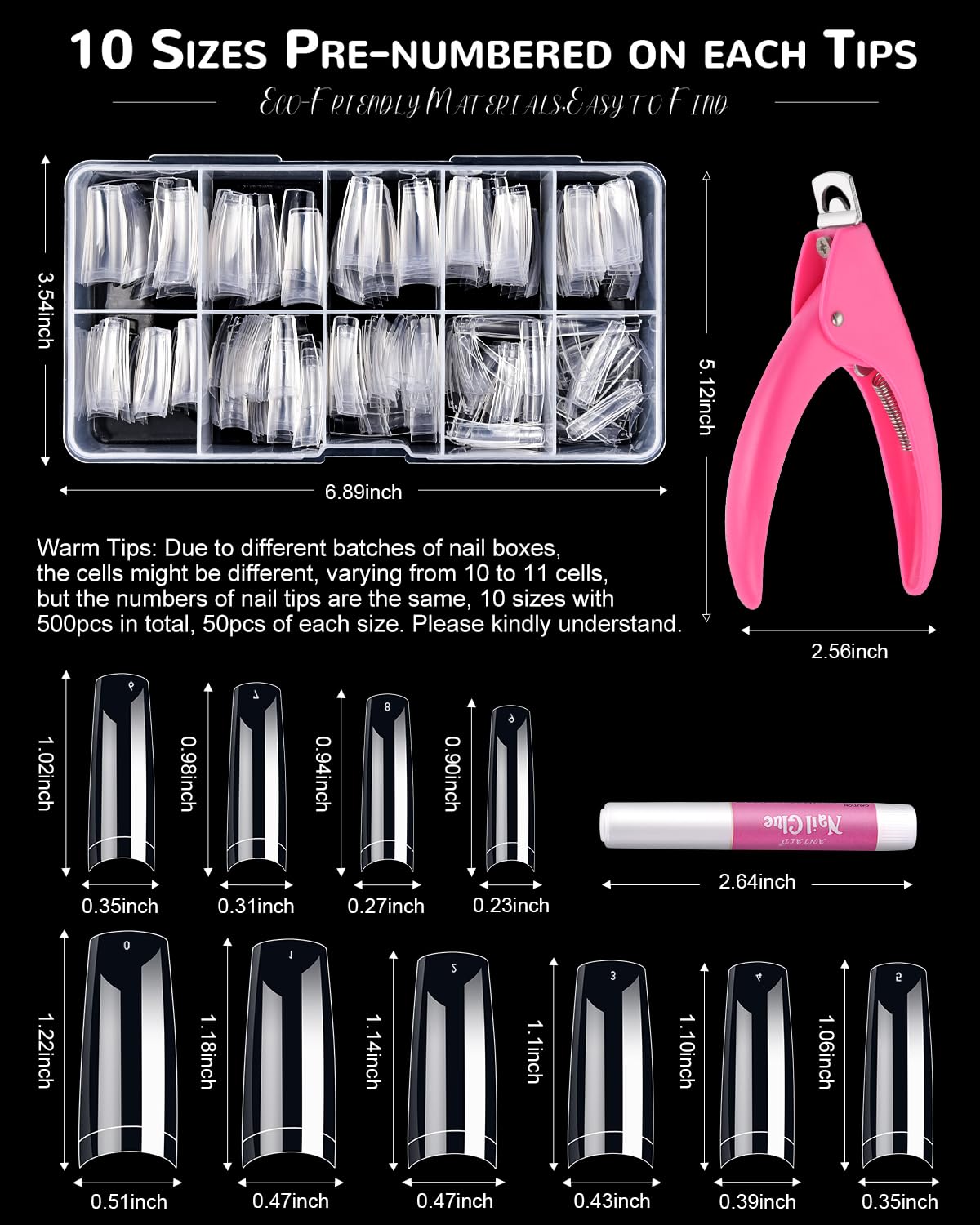 Clear Acrylic Nail Tips – 500 Pcs French Square Half Cover, Includes Glue, Clipper, Files & Cuticle Fork for Salons & Home DIY