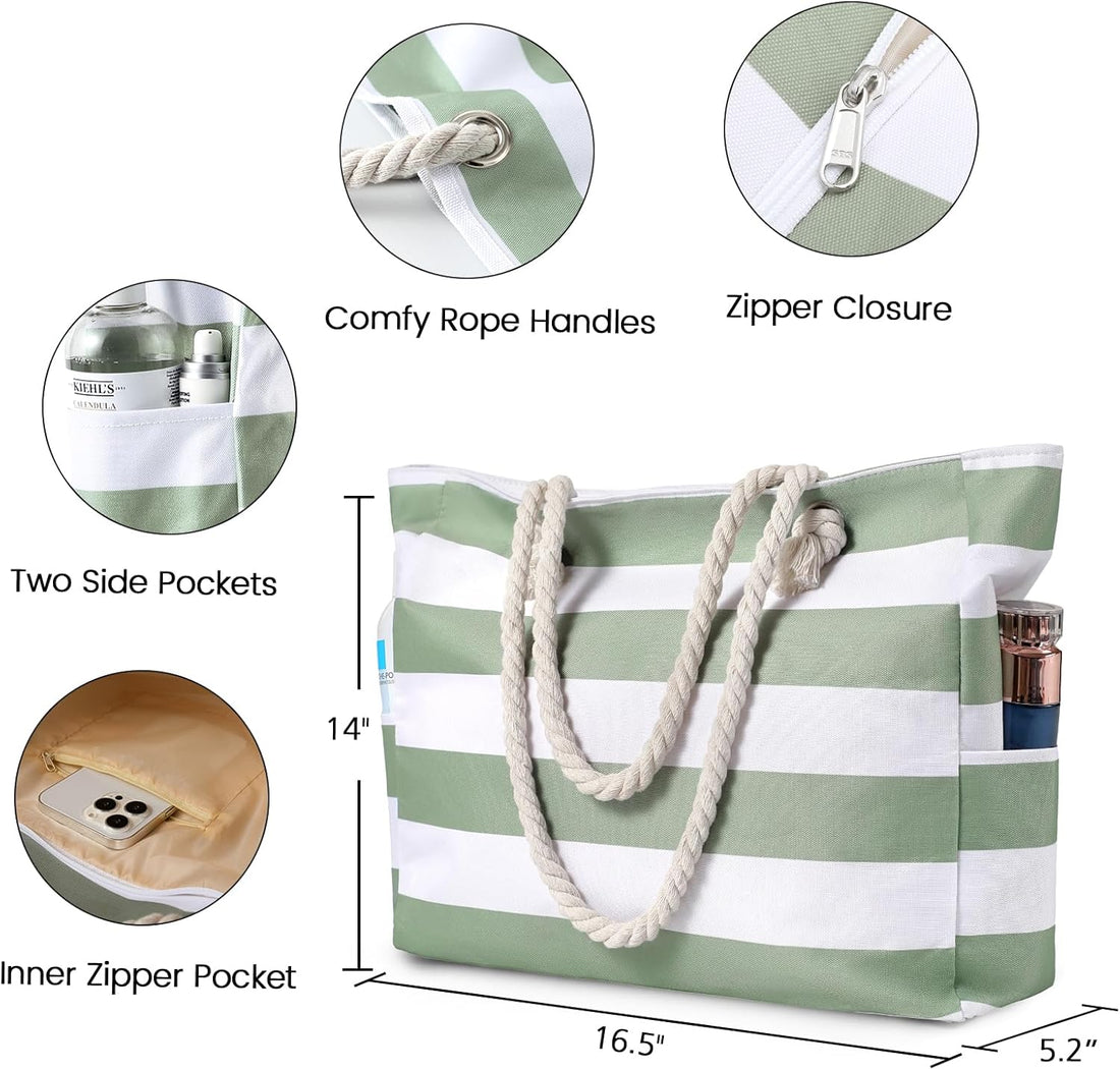 Large Beach Bag for Women – Waterproof, Sandproof Tote with Zipper