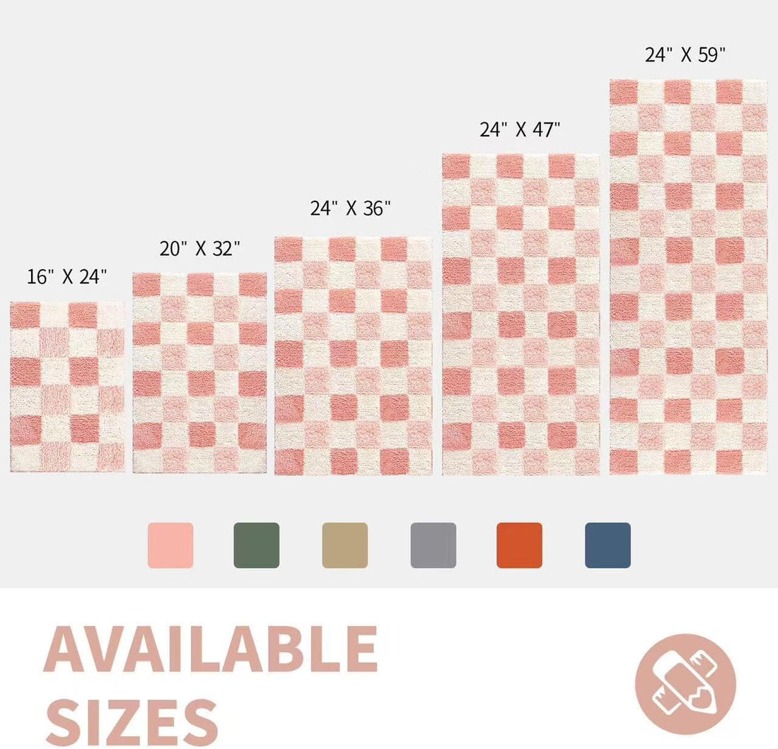 Checkered Bath Mat – Non-Slip Fluffy Microfiber Bathroom Rug – Absorbent, Washable Aesthetic Bath Mat for Shower & Sink – Blossom Pink, 24" x 16"