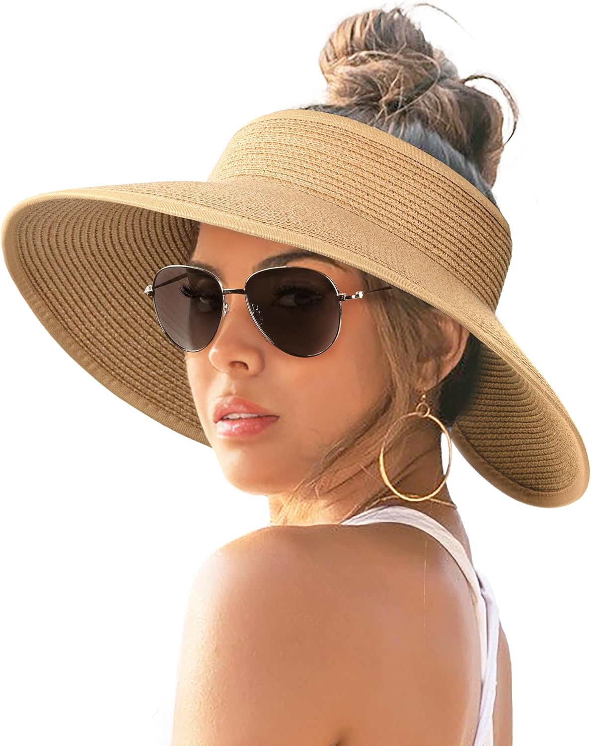 Women’s Wide Brim Straw Sun Visor Hat – UV Protection, Foldable & Packable