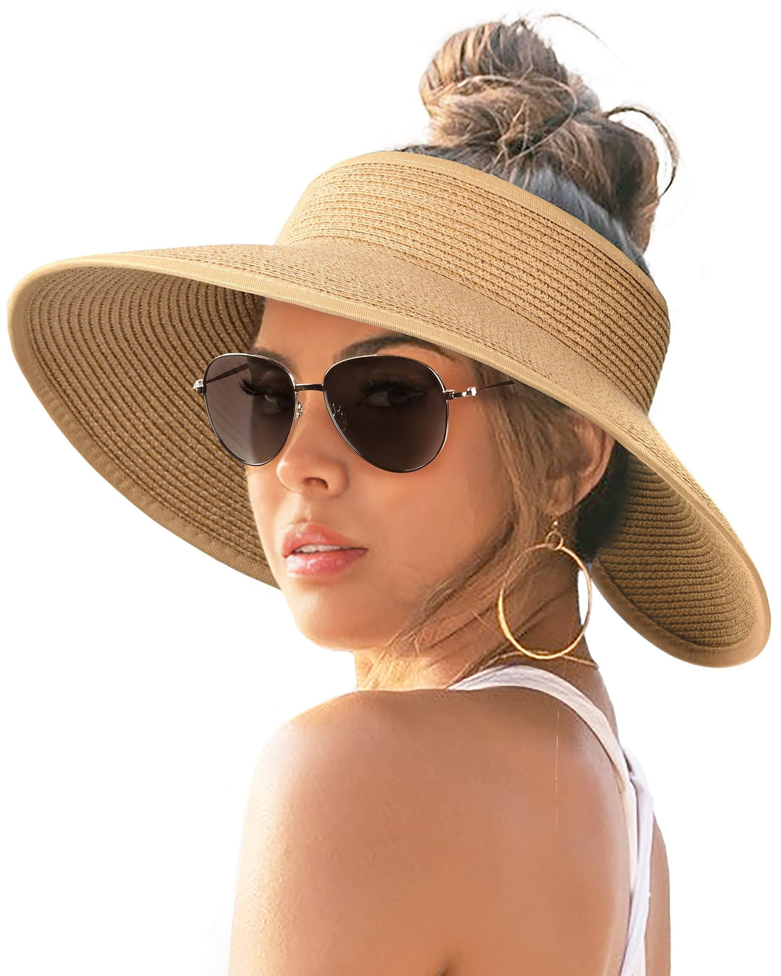 Women’s Wide Brim Straw Sun Visor Hat – UV Protection, Foldable & Packable