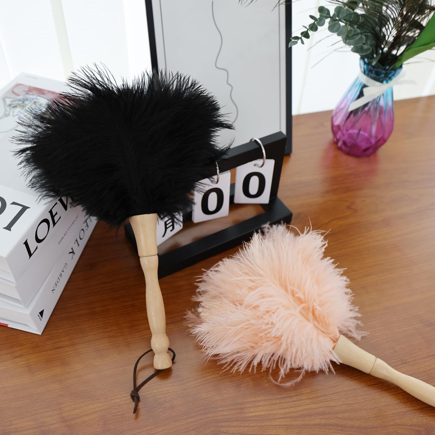 12 Inch Feather Duster – Fluffy Natural Ostrich Feathers with Wooden Handle