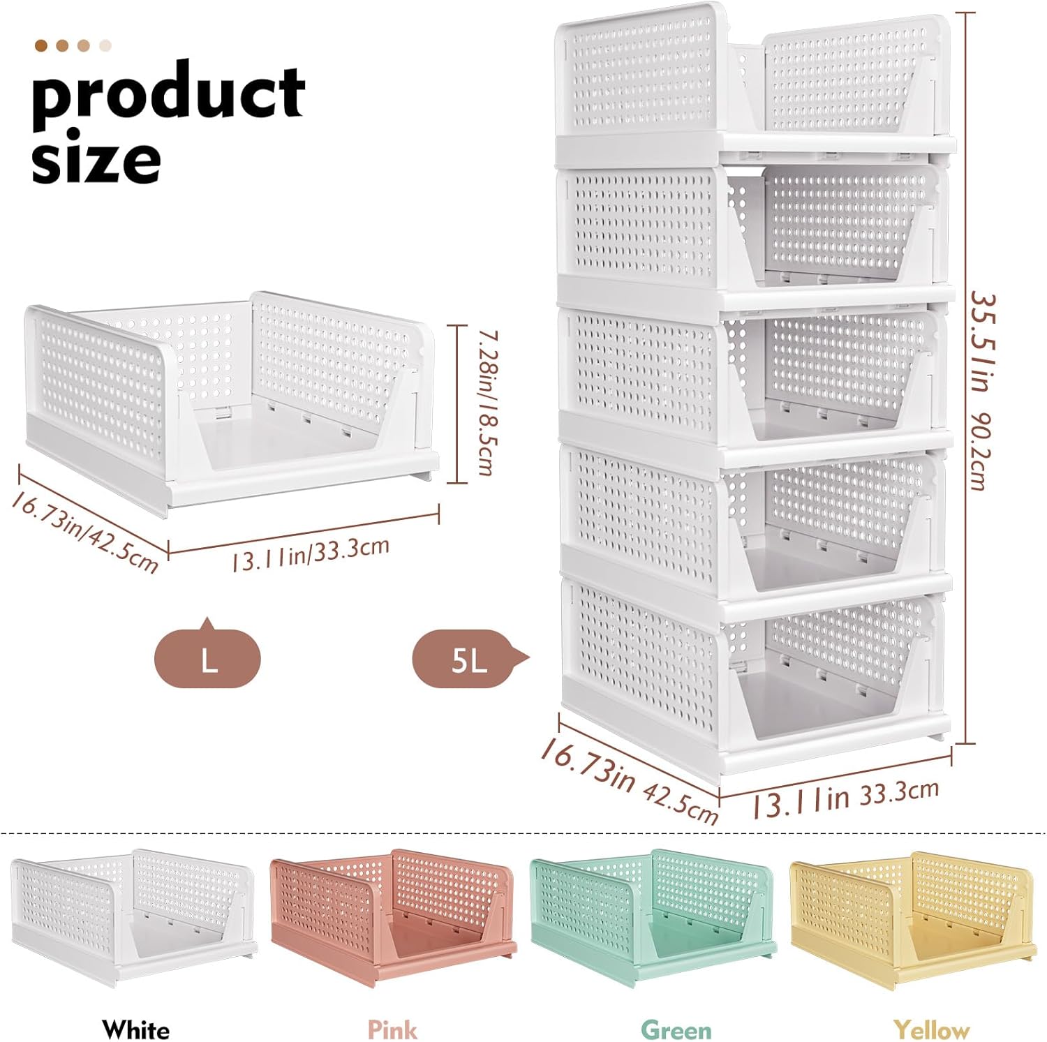 5-Pack Stackable Closet Storage Baskets – Foldable Storage Organizer