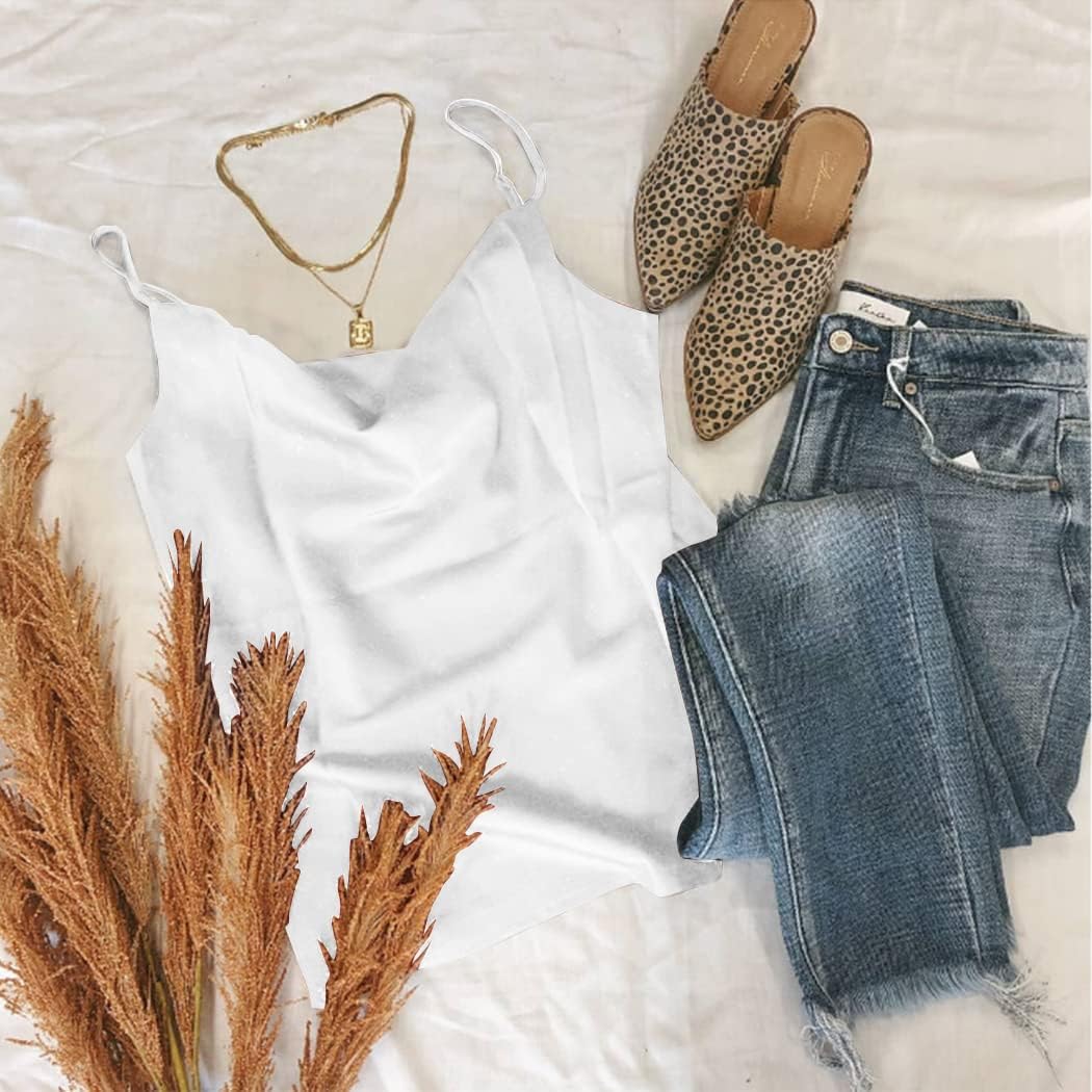 Women’s Satin Spaghetti Strap Cowl Neck Camisole – Silk-Like Sleeveless Tank Top