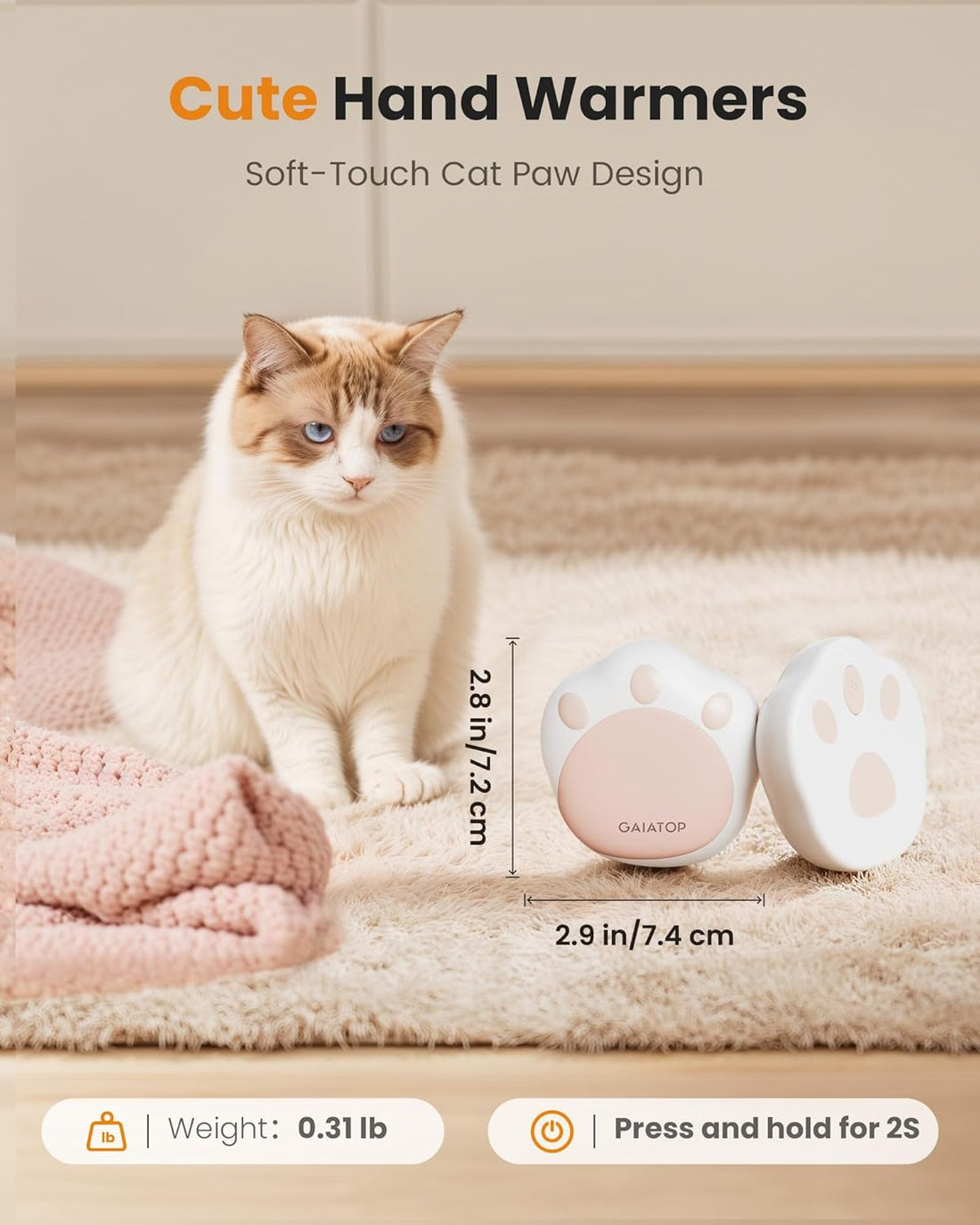 Rechargeable Cat Paw Hand Warmers – 2 Pack, 3 Heat Levels