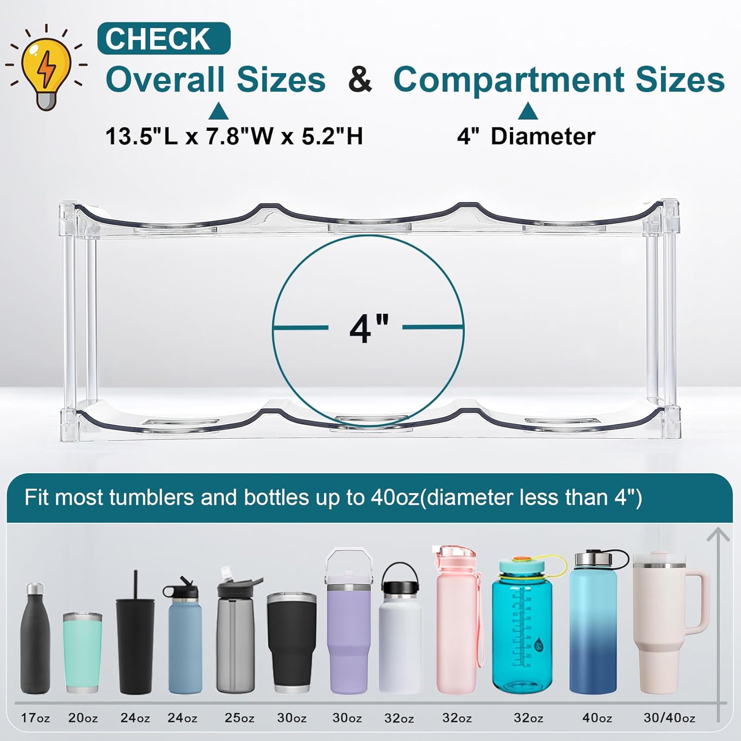 Compartment Stackable Water Bottle Organizer – Clear Holder for Stanley & Large Tumblers,