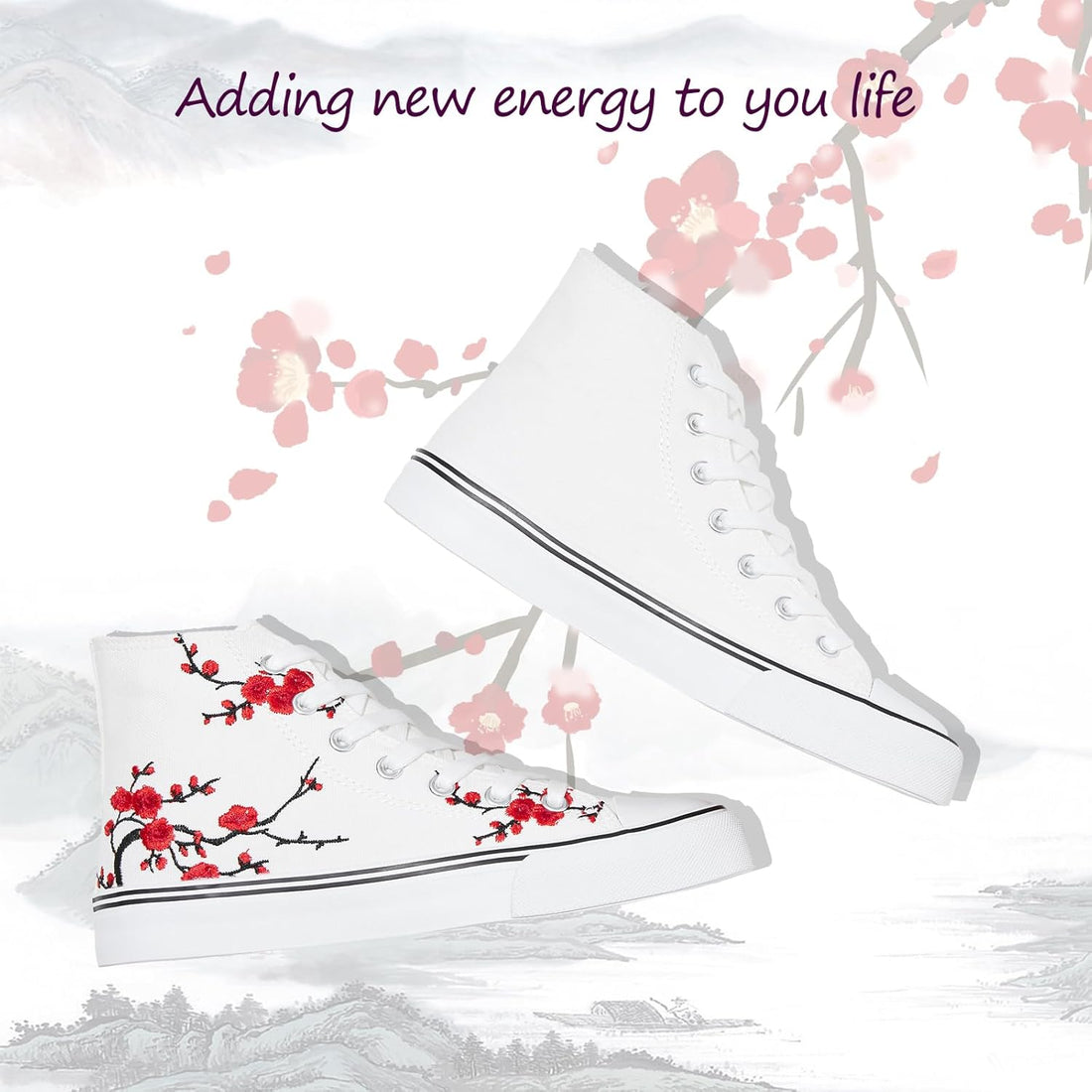 Women’s High-Top Canvas Sneakers – Embroidered Plum Blossom Casual Shoes