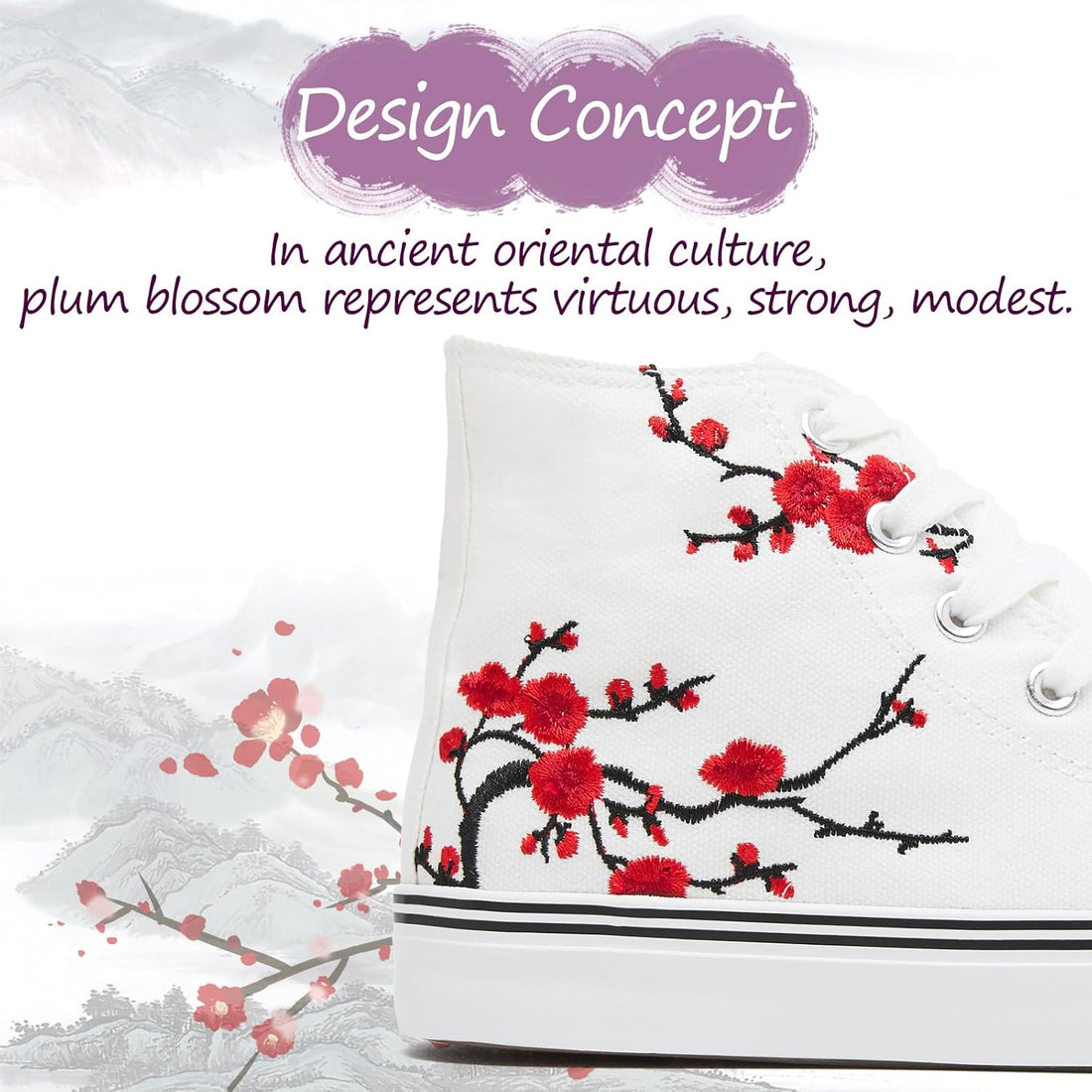 Women’s High-Top Canvas Sneakers – Embroidered Plum Blossom Casual Shoes