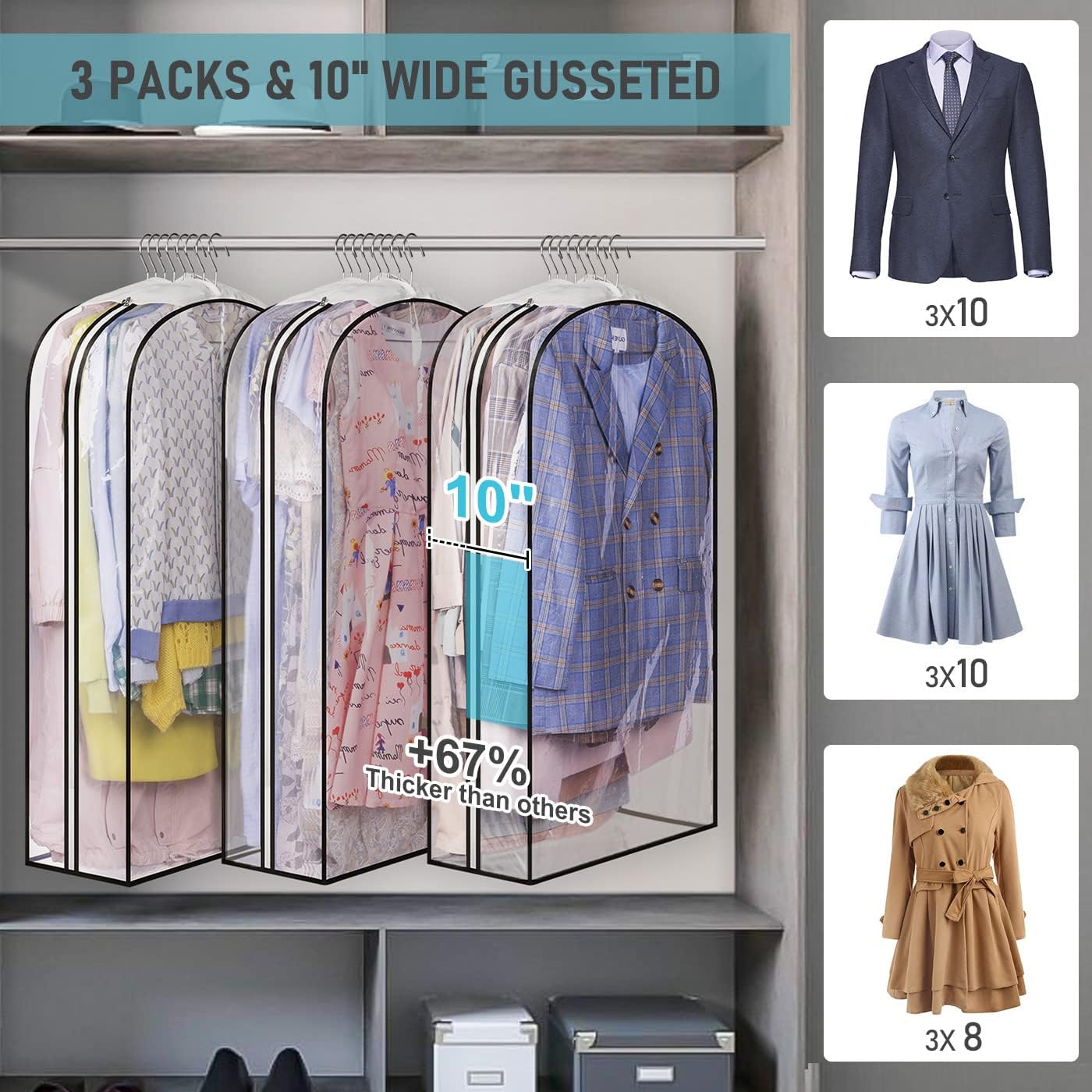 Organized and crease-free living: 3-Pack 40" Clear Gusseted Garment Bags – 10" Wide Suit