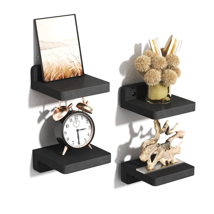 Set of 4 Small Floating Wood Shelves – 4" Wall Mounted Mini Display