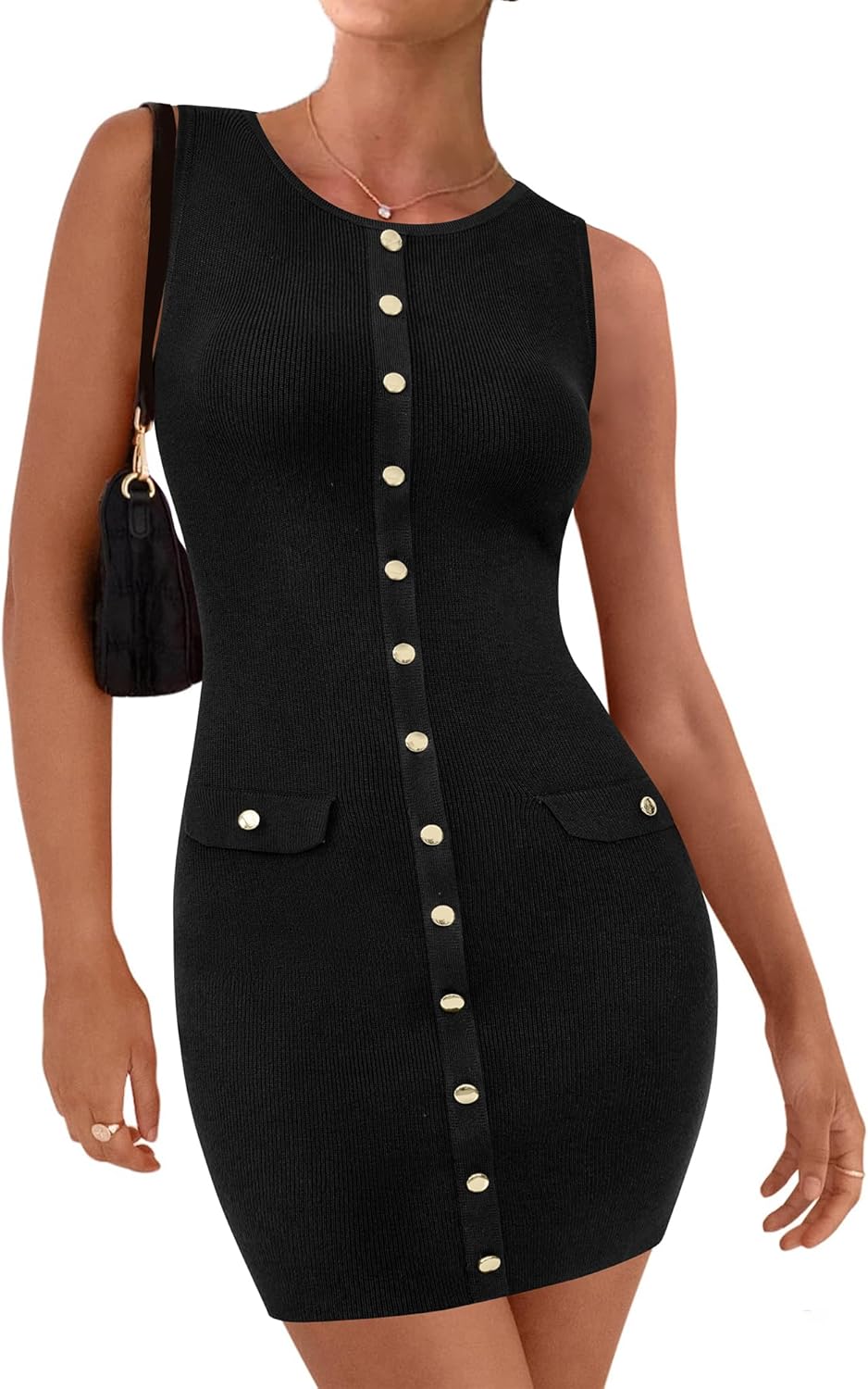 Women’s Sleeveless Bodycon Dress – Rib Knit Mini Dress with Buttons