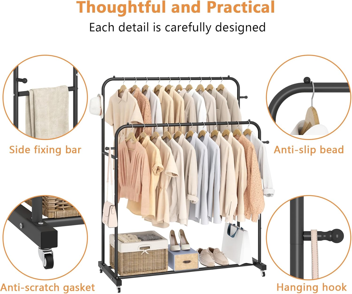 Double Hanging Garment Rack with Wheels – Heavy-Duty Clothing Organizer