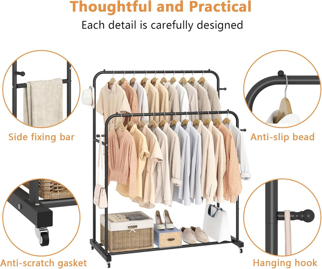 Double Hanging Garment Rack with Wheels – Heavy-Duty Clothing Organizer