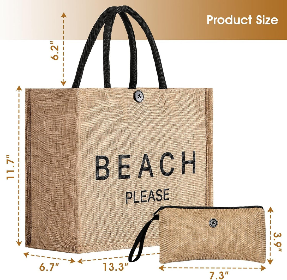 Large Beach Bag for Women – Woven Straw Tote Bag with Button Closure
