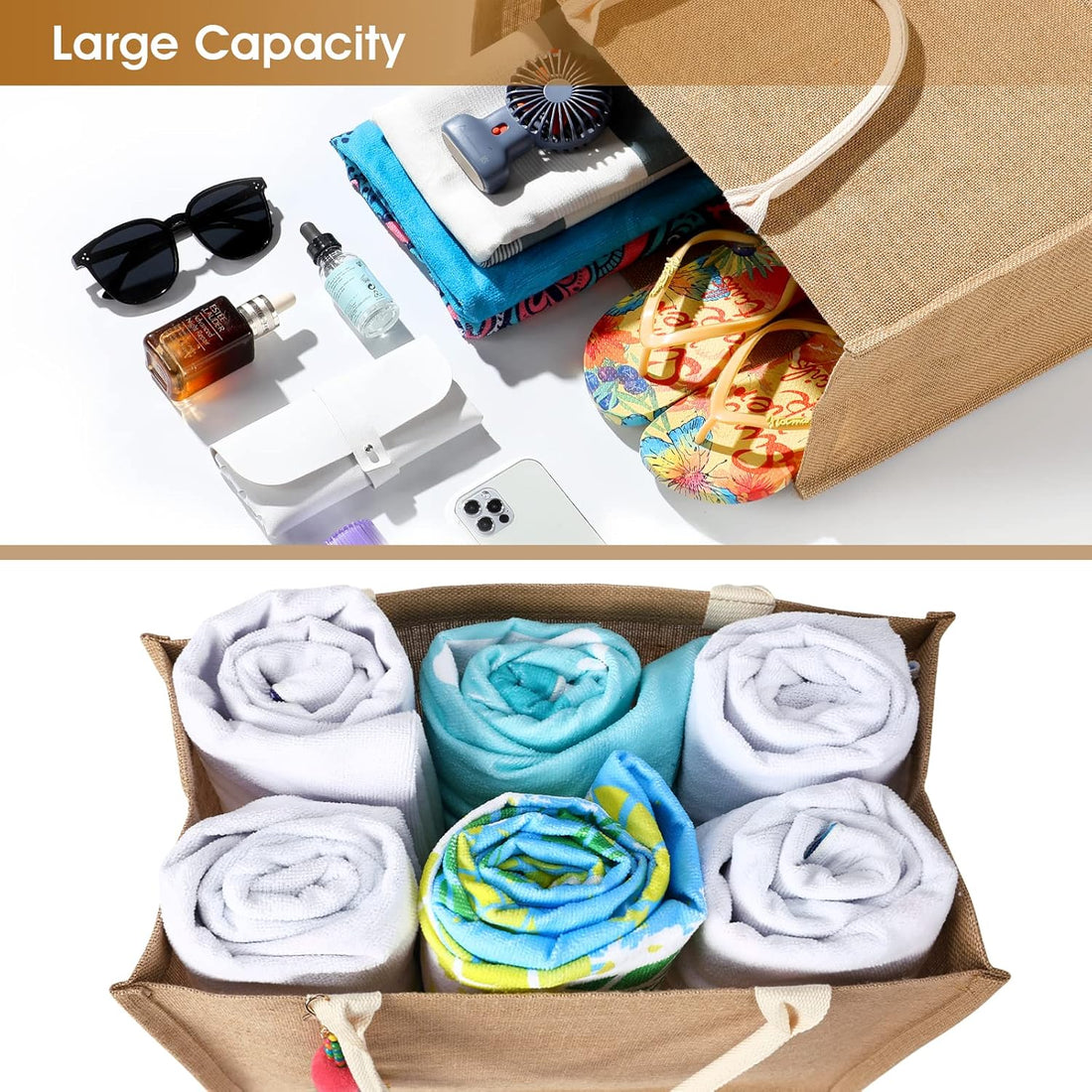 Large Woven Straw Beach Tote for Women – Waterproof Jute Summer