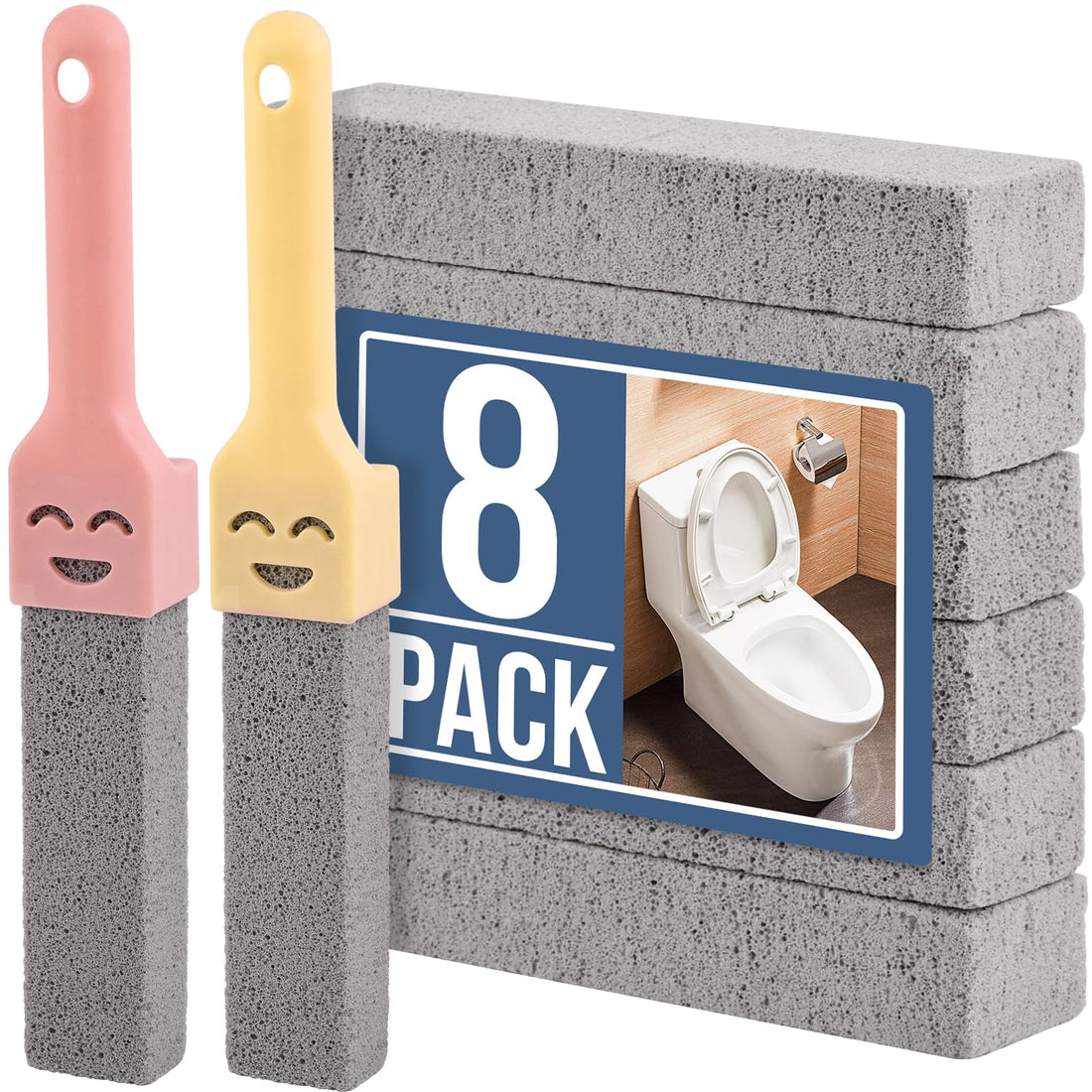 8 Pack Pumice Stones for Cleaning with 2 Universal Handles – Grey Pumice Stone