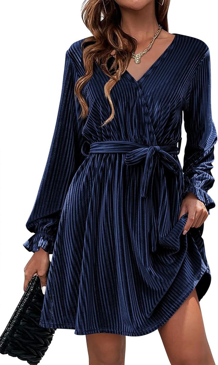 Women’s Velvet Wrap Dress – V Neck, Lantern Sleeves & Belt