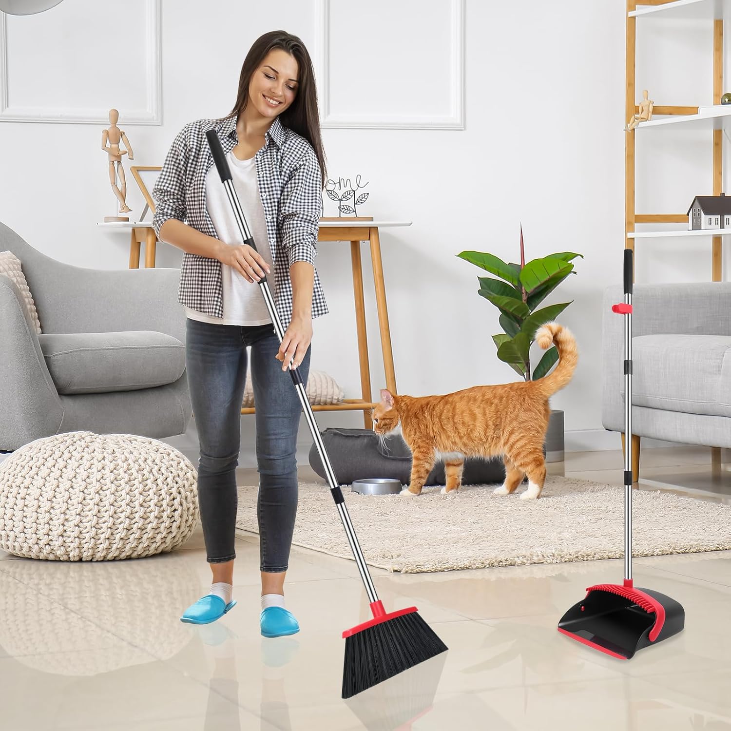 Broom and Dustpan Set – 52" Long Handle Broom with Upright Dustpan
