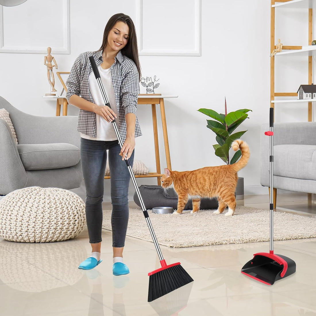 Broom and Dustpan Set – 52" Long Handle Broom with Upright Dustpan
