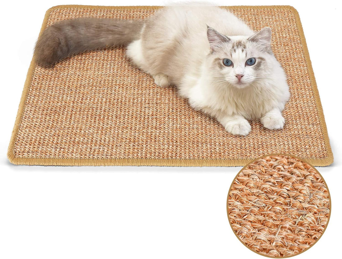 A cat lying on a rectangular natural sisal scratching pad with a close-up inset showing the texture of the sisal material.
