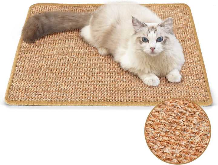 A cat lying on a rectangular natural sisal scratching pad with a close-up inset showing the texture of the sisal material.
