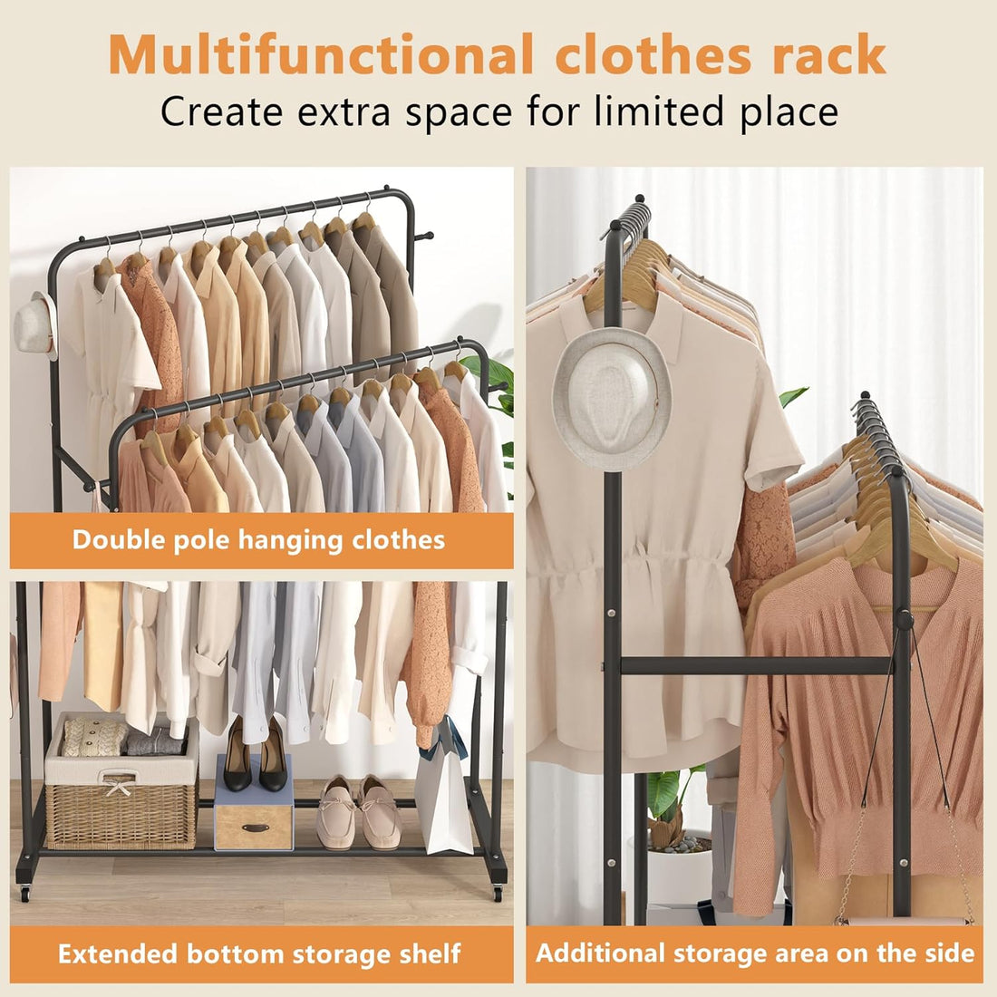 Double Hanging Garment Rack with Wheels – Heavy-Duty Clothing Organizer