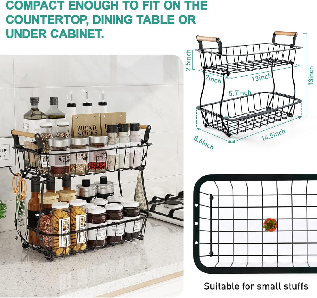 2 Tier Fruit Basket with 2 Banana Hangers, Countertop Fruit Vegetable Basket