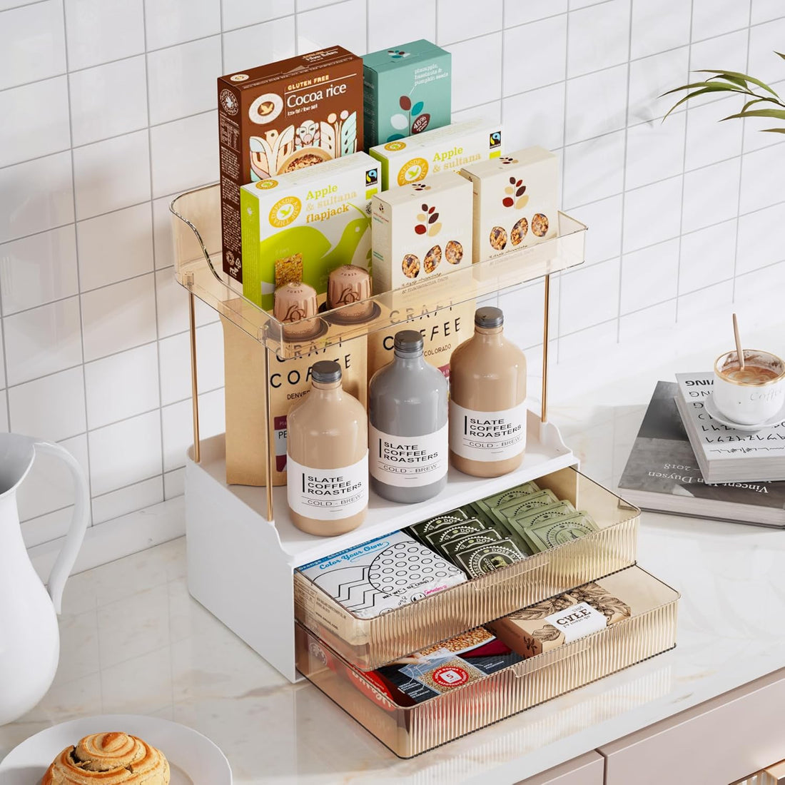 Bathroom Organizers and Storage, 2-Tier 2-Drawer Makeup Organizer Countertop,