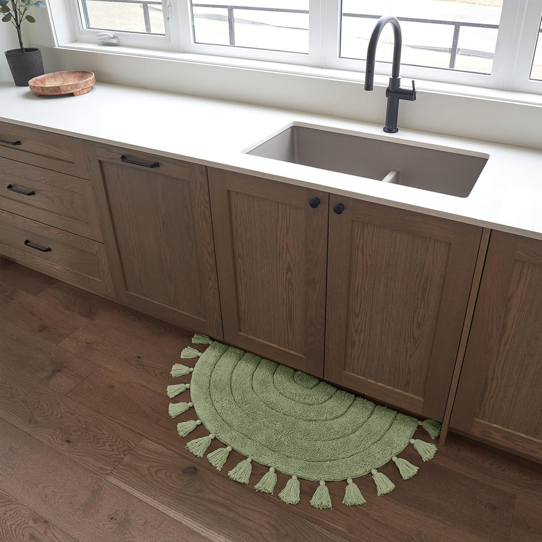 Boho Tassel Bath Rug – Soft Half Circle 100% Cotton Non-Slip Mat