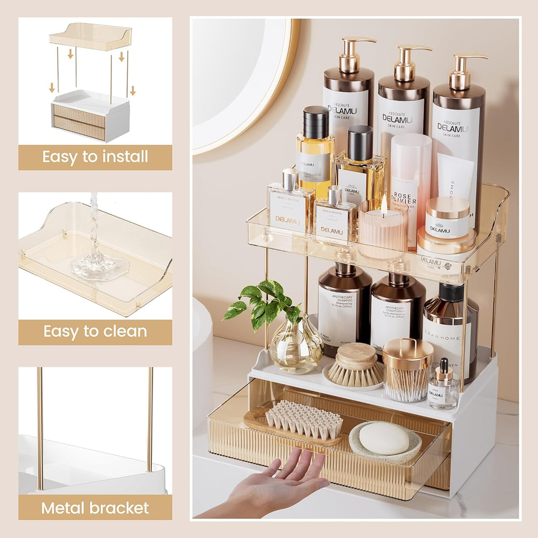 Bathroom Organizers and Storage, 2-Tier 2-Drawer Makeup Organizer Countertop,