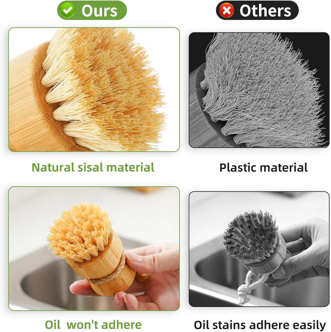 Dish Scrub Brushes Set – Wooden Kitchen Scrubbers with Natural Sisal