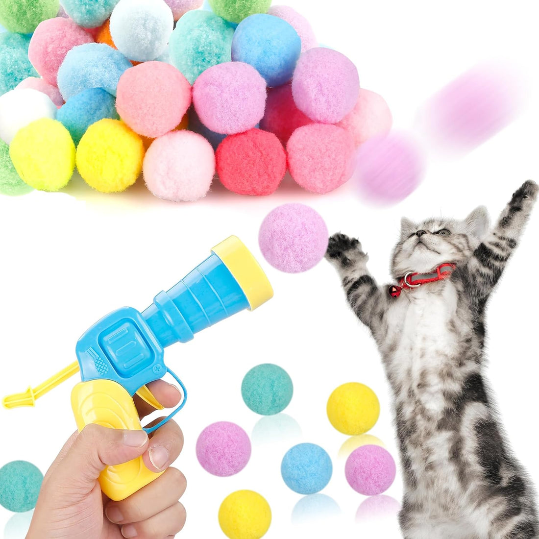 31Pcs Cat Ball Toy Launcher – 30 Plush Fuzzy Balls with Toy Gun