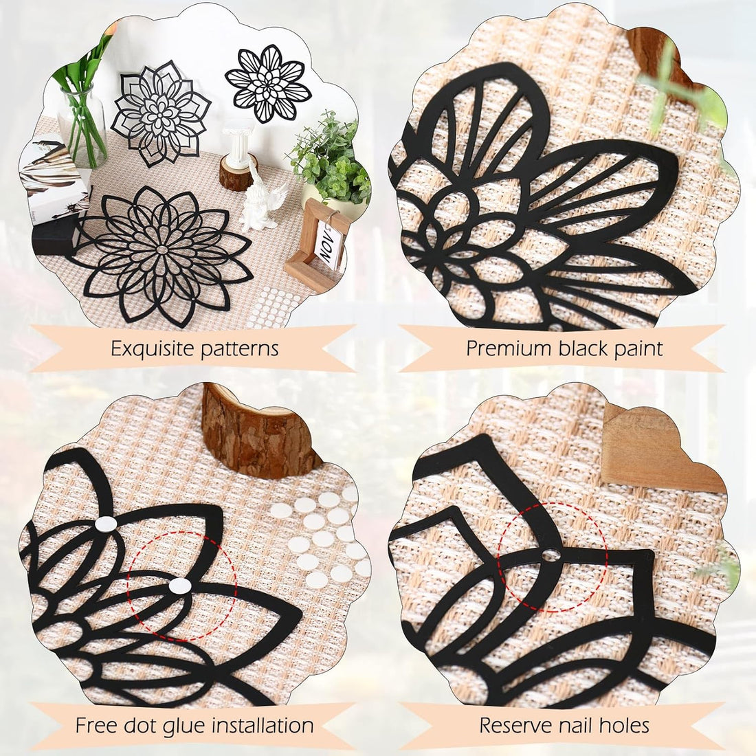 3 Pieces Metal Flowers Wall Decor, Black Wall Decor, Flower Art Wall