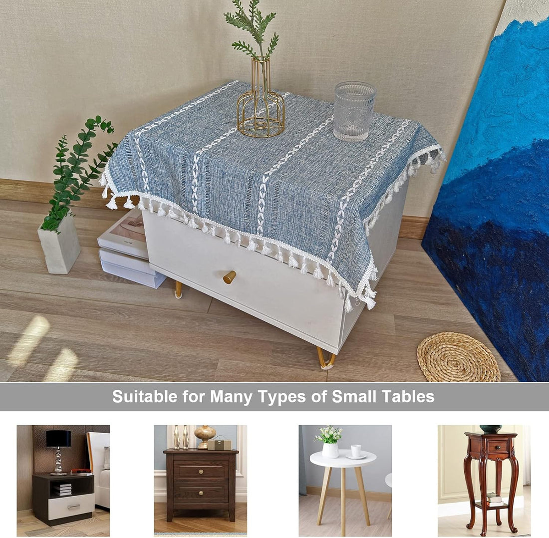 Rustic Blue Striped Tassel Tablecloth 24"x24" for Small Tables