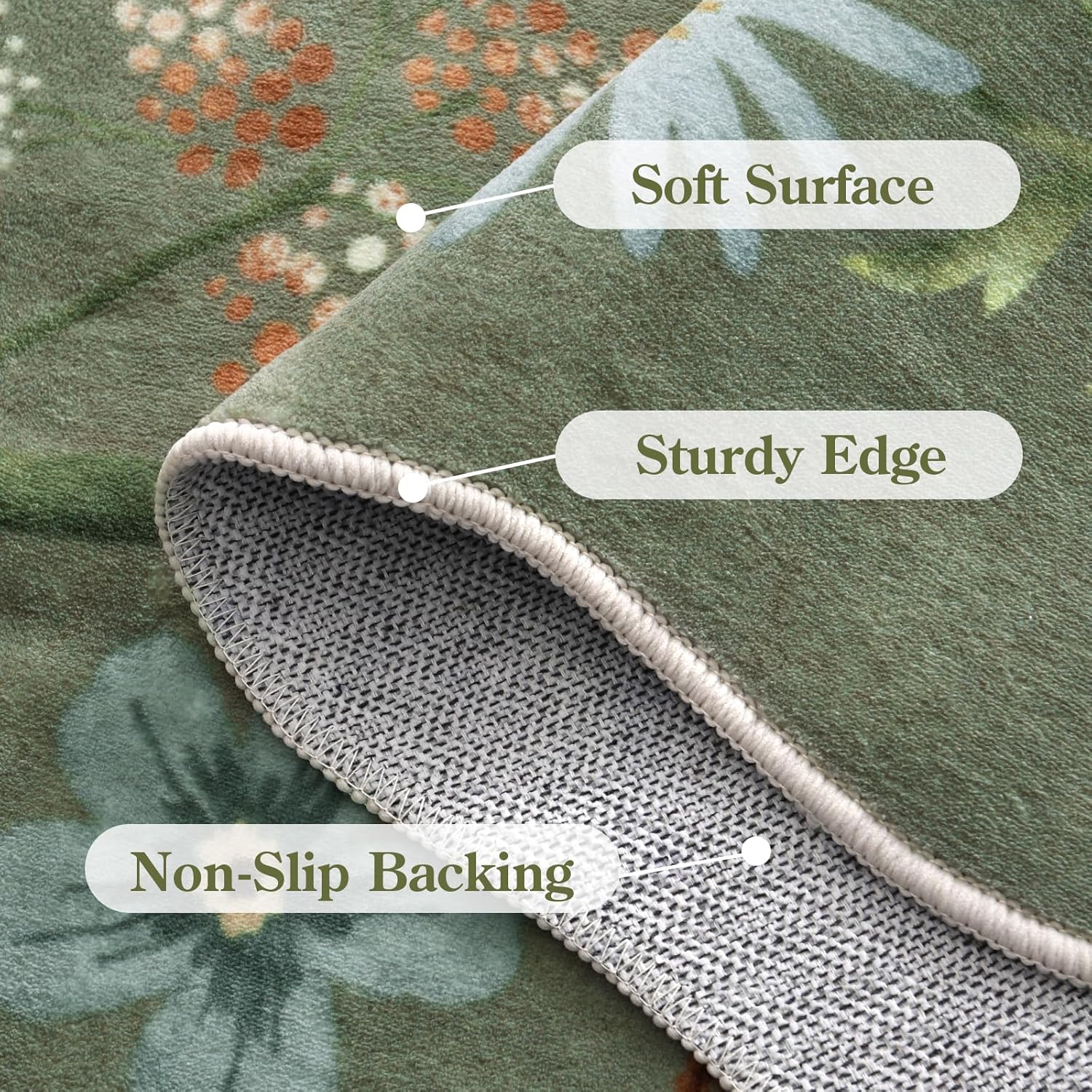 Floral 2x3 Green Rug – Washable Ultra-Thin Non-Slip Kitchen